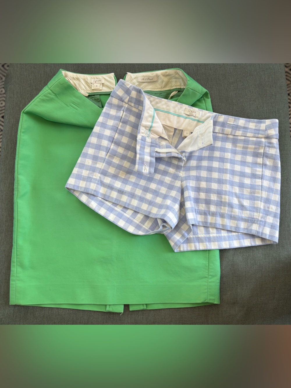 J. Crew Green Pencil Skirt with Light Blue/White Gingham Shorts